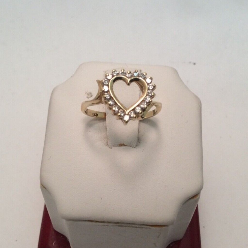 14k Yellow Real Solid Gold Heart Diamond Lady Ring Band Size 6 2.4gr .40ct